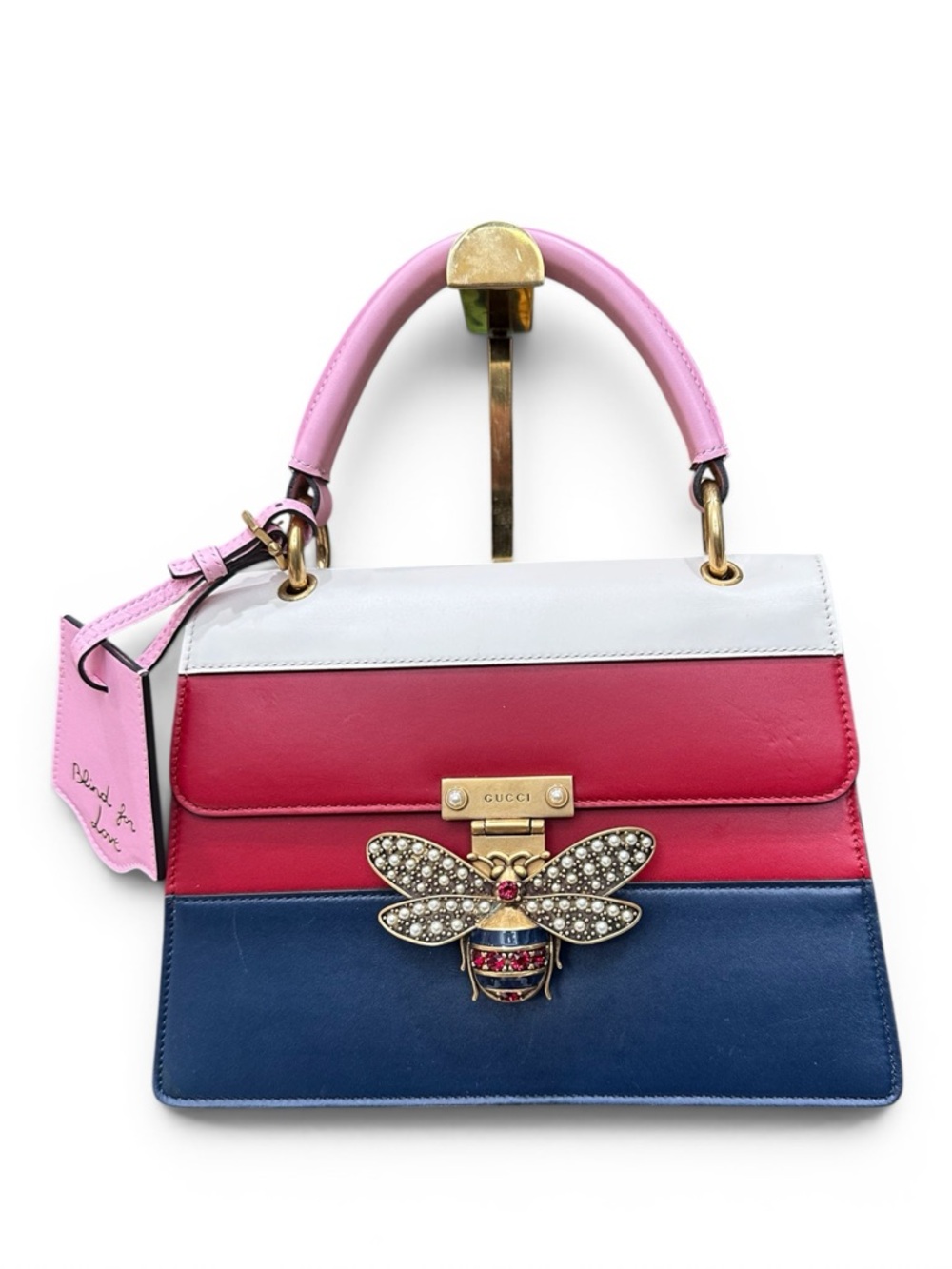 Gucci Queen Margaret Bee Top Handle Bag Red Navy Ivory Pink Strap